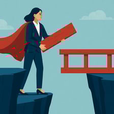 Create an image of a female professional leader with a superhero cape building a bridge to fill in the gap of leadership growth-1 Create an image of a female professional leader with a superhero cape building a bridge to fill in the gap of leadership growth-1